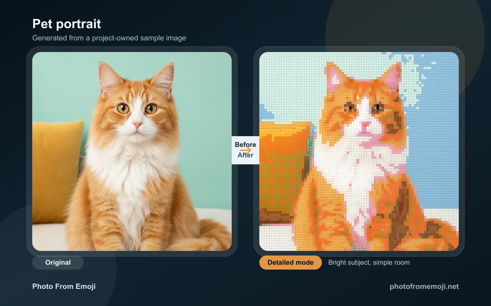 Before and after pet portrait generated as emoji art