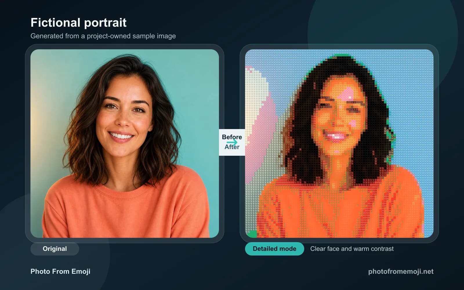 Before and after portrait image generated as emoji art