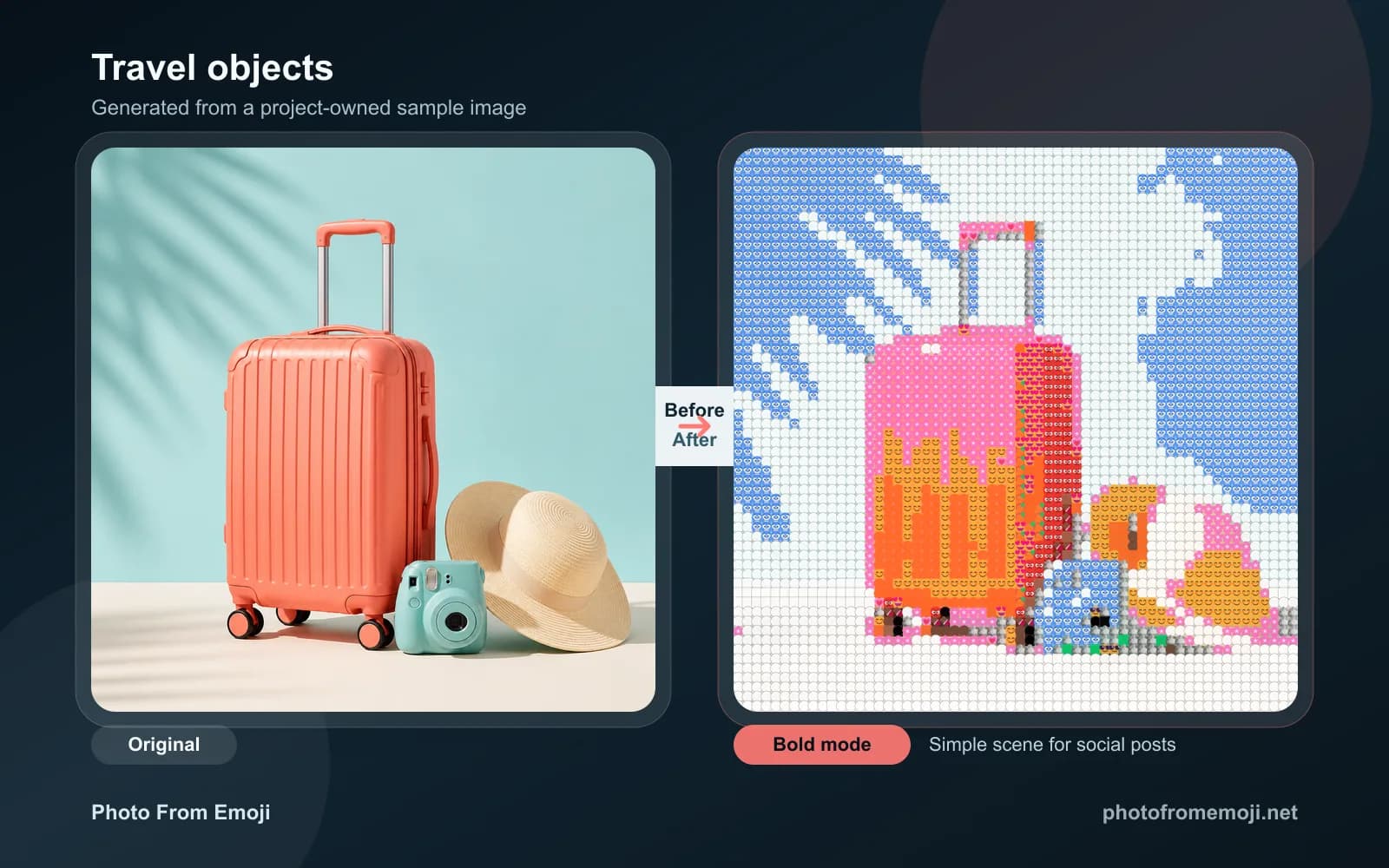 Before and after travel objects generated as emoji art